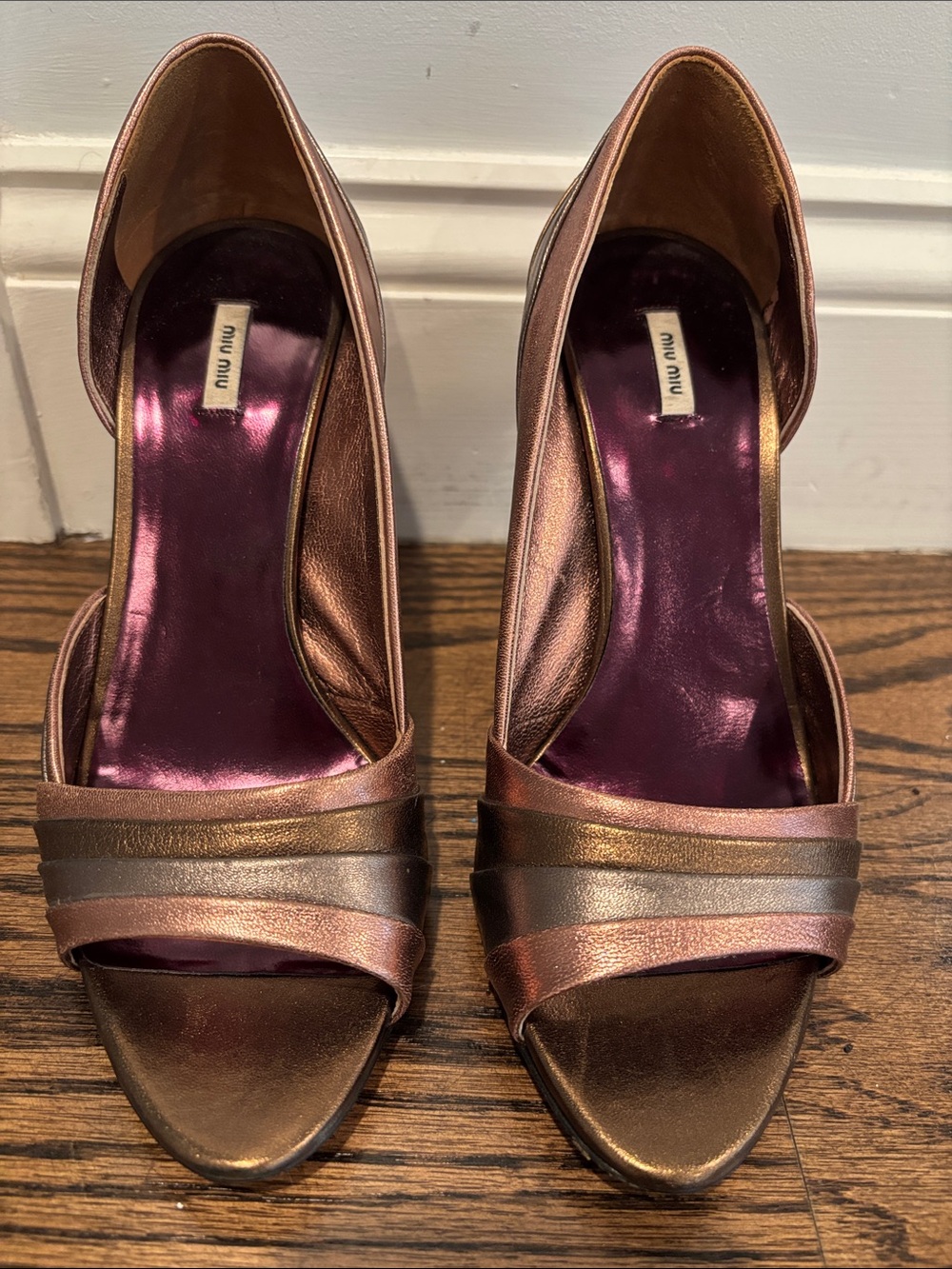 Miu Miu Metallic Bronze and Pink Open-Toe Jeweled Heels